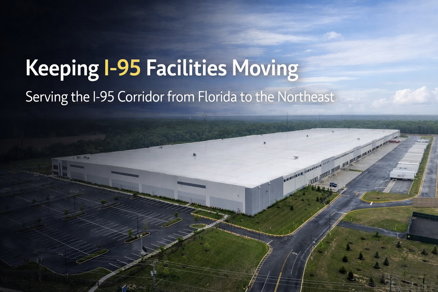 Aerial view of a large white-roofed warehouse with surrounding parking lots and roads, overlaid with text about Keeping I-95 Facilities Moving.