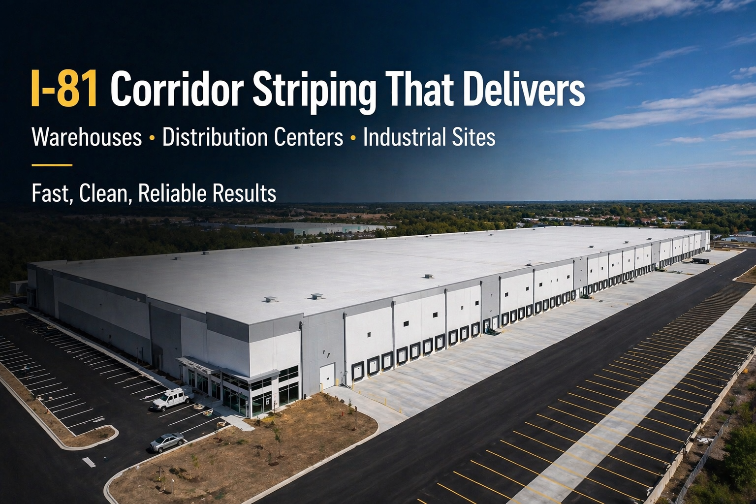 Aerial view of a large white warehouse with expansive parking lots and a bold promotional banner reading 'I-81 Corridor Striping That Delivers' and 'Fast, Clean, Reliable Results'.