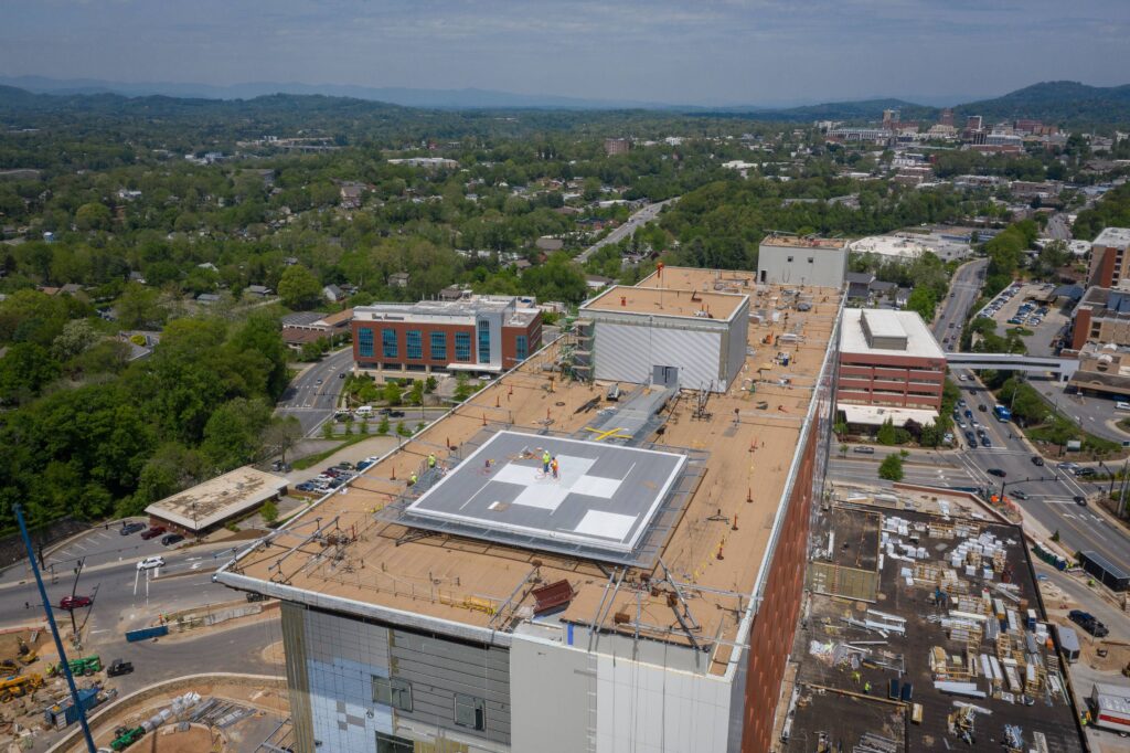Aerial view of a rooftop helipad project