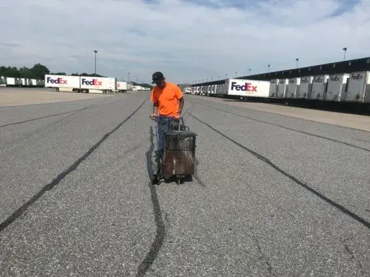 Worker in an orange shirt pulling a wheeled cart down a wide truck yard with FedEx trailers lined up on both sides